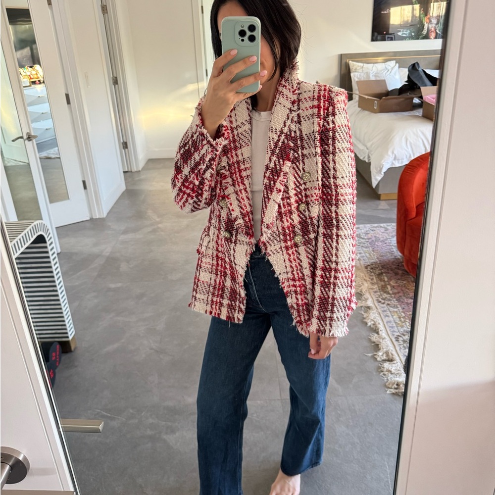 Zara red and white tweed blazer - S